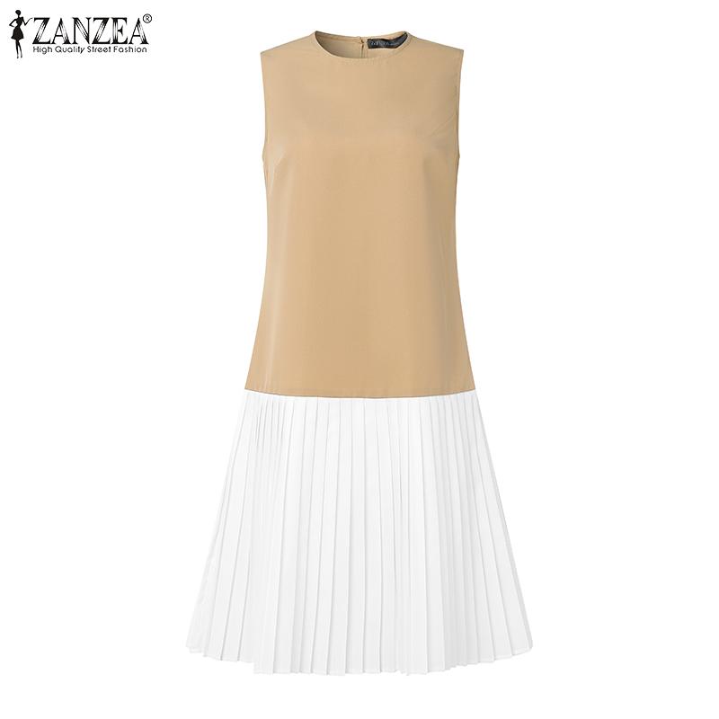ZANZEA Women Casual Round Neck Sleeveless Pleated Patchwork Dress