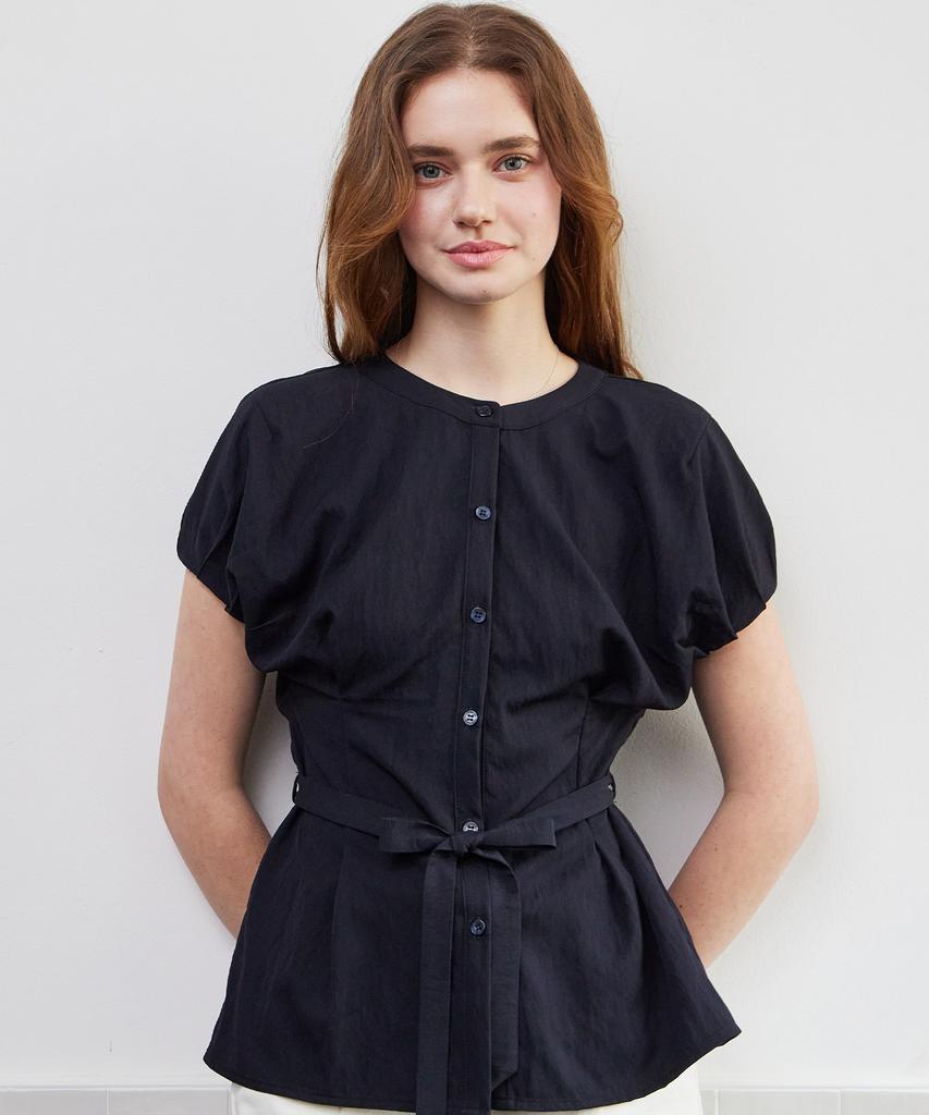 ITOV SEOUL Cocoon Sleeve Belted Blouse Navy