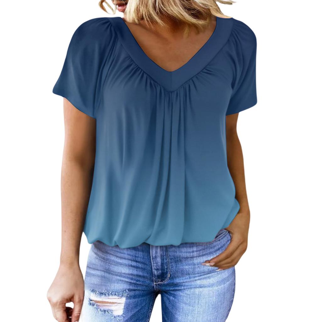 Women's Casual Color V-Neck Pleated Gradient Print Short-Sleeve Top