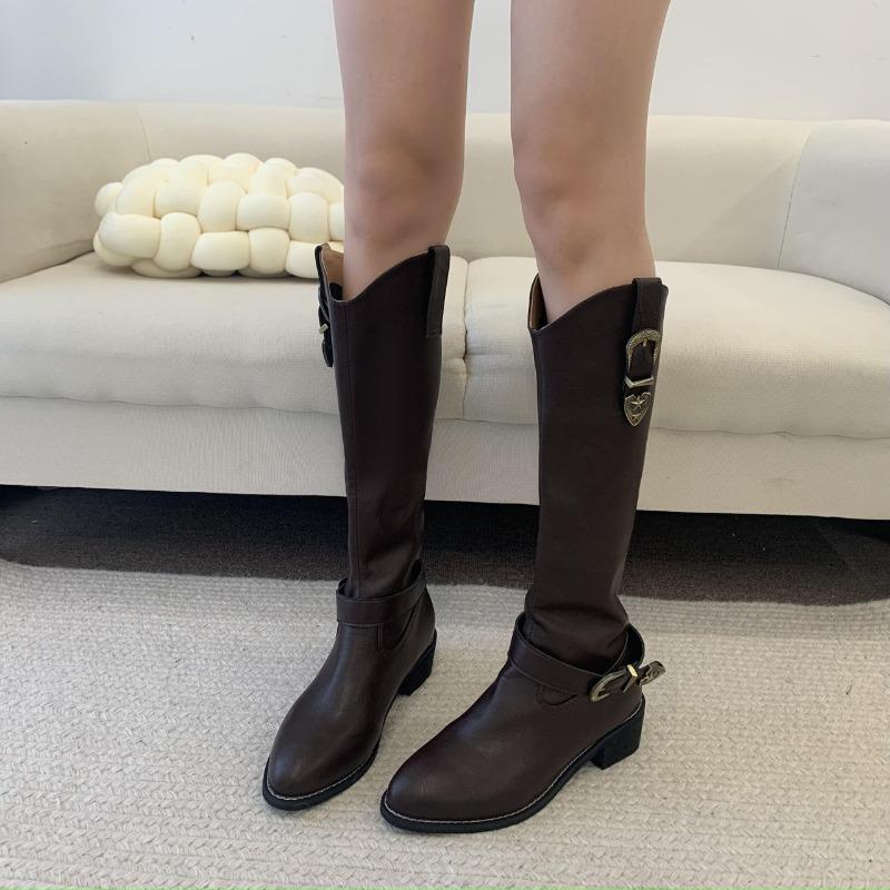 Coarse heel boots women's spring and summer new pointed toe versatile knee boots with skirt knight boots