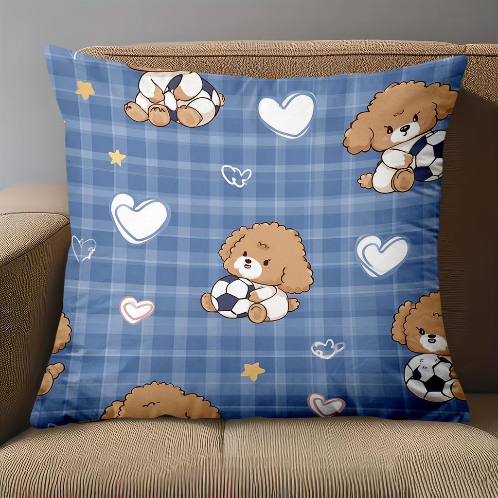 1 Pieces Cute Puppy Patterned Blue Checkered Pillowcase Polyester Pillowcase, Sofa Decorative Cushion Cov Headboard Pillow