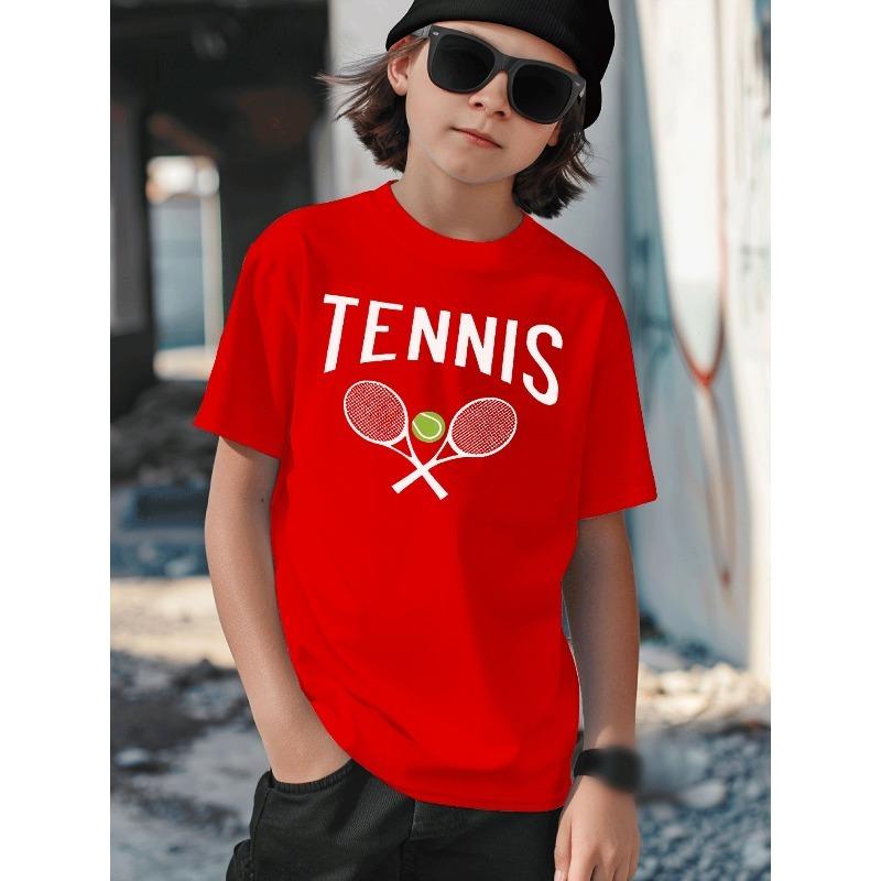 Boys Tennis Racket Green Ball Text Graphic Casual Sports T-Shirt