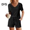 2Pcs/Set Women Summer Outfit V-neck Short Sleeve T-shirt Elastic Drawstring Waist Shorts Set Solid Color Loose Fit Casual Outfit