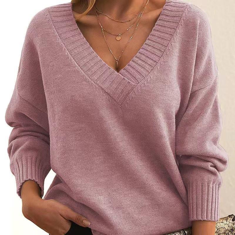 2025 European & American Loose V-Neck Pullover Sweater for Women - New Casual Knitwear Style