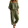 Womens Off Shoulder Long Sleeve Top Drawstring Waist Tapered Pants Two Piece Casual Outfit