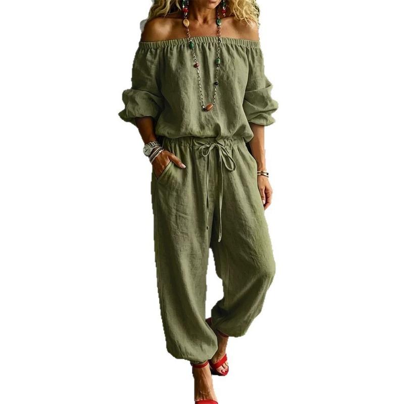 Womens Off Shoulder Long Sleeve Top Drawstring Waist Tapered Pants Two Piece Casual Outfit