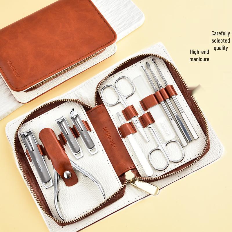 7-Piece Stainless Steel Manicure Set with Leather Case - Nail Clippers and Scissors
