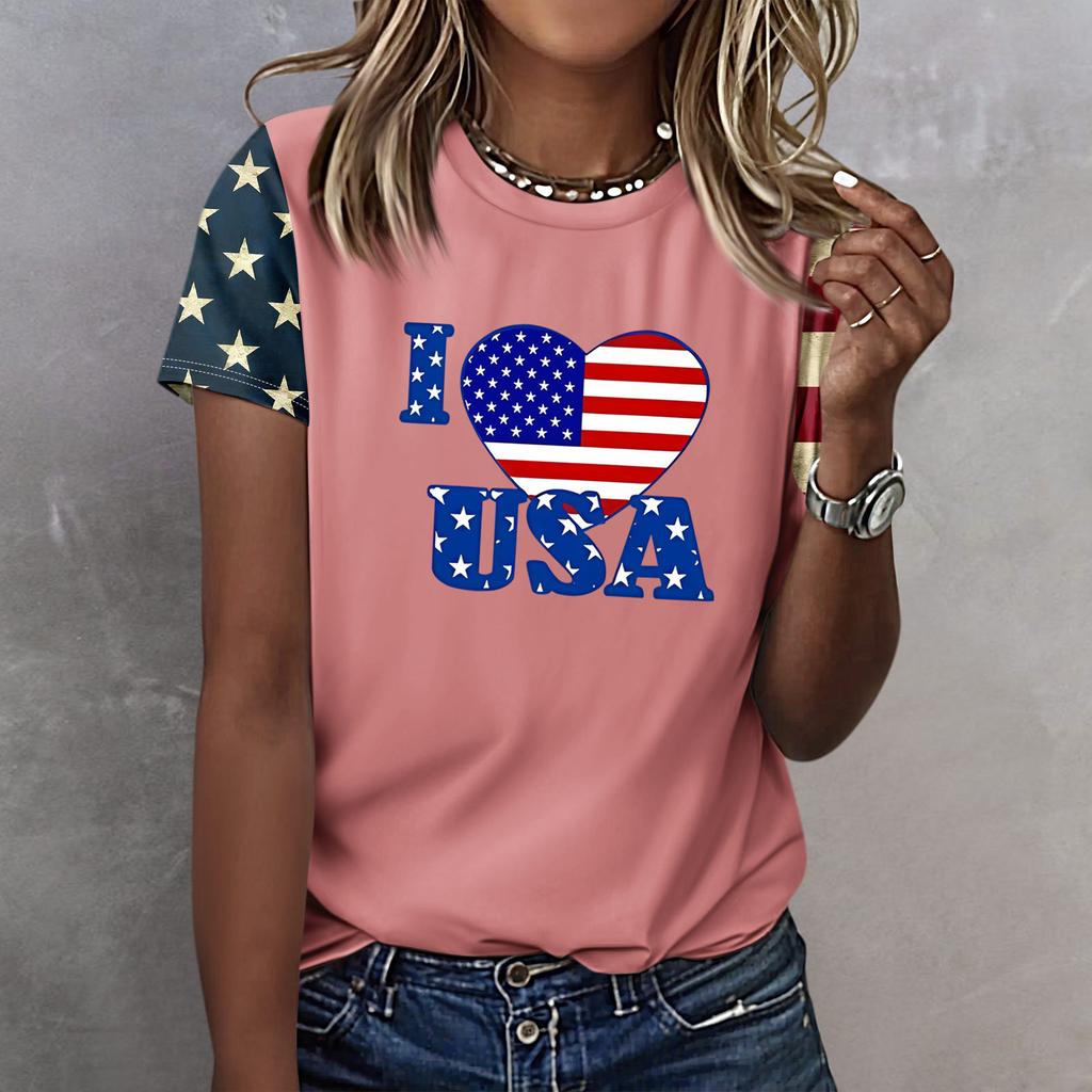 T Shirts For Women, Womens Short Sleeve Tops Dressy Summer O Neck Casual Trendy Blouses Tunic Tops Independence Day
