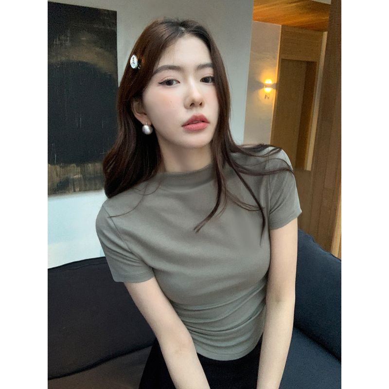 

Pusumede Half Turtleneck Summer Nipped-Waist Short-Sleeved T-shirt Greyish green M