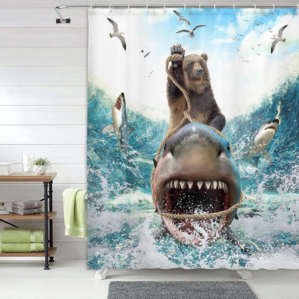 Fantasy Katze reitet Dinosaurier Wasserdichter Duschvorhang - Sternennacht Wellenkunst für eine einzigartige und verspielte Badezimmerdekoration