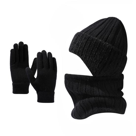 

3 шт./компл. унисекс шапка шарф перчатки комплект ухо дизайн однотонная шапка бини термо плюшевая подкладка утеплитель для шеи сенсорный экран перчатки комплект чёрный