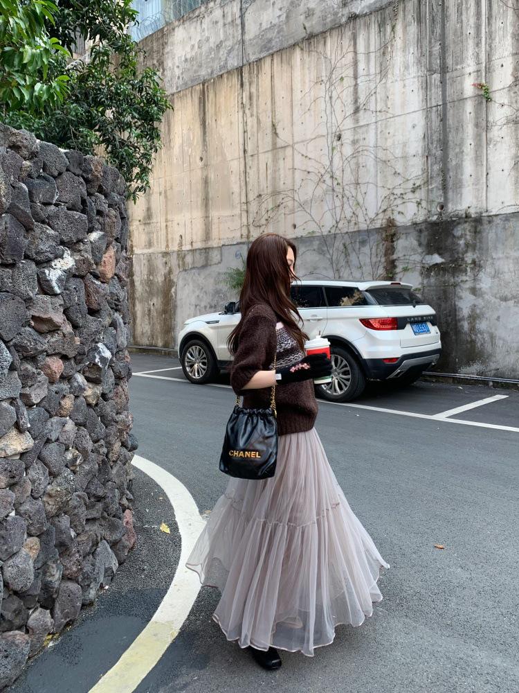 In-Stock Korean Style Retro Grey-Pink Multi-Layer Gauze Skirt