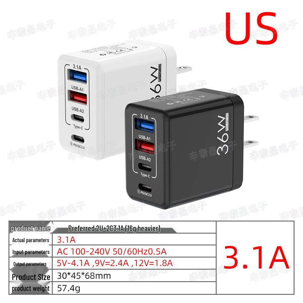 2A+2C Multi-Port Charger: European/American/UK Specs, QC3.0 & PD36W Fast Charging for Mobile Phones