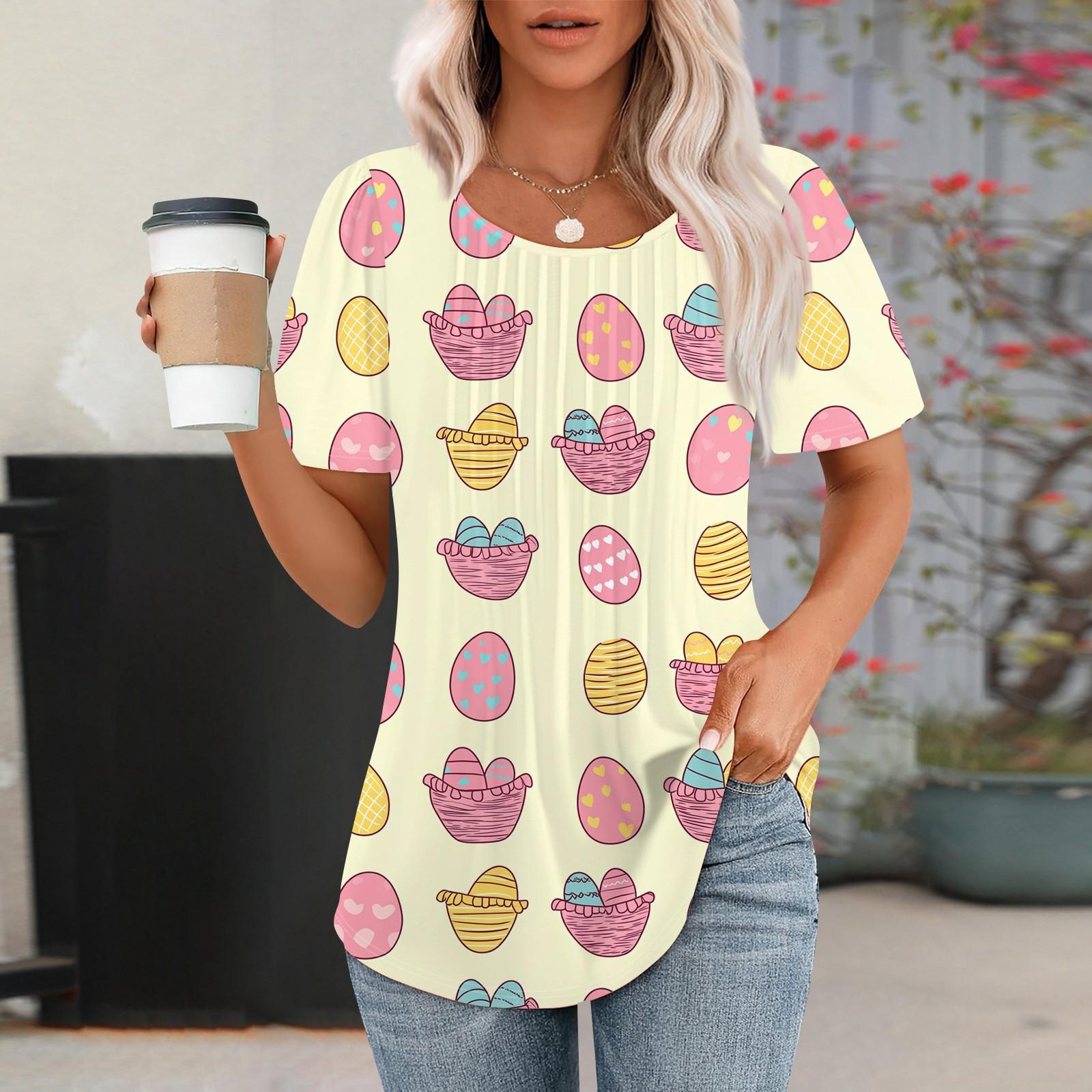 

Жіноча Мода Повсякденна Плісирована Футболка Пуловер з Круглим Вирізом та Принтом з Коротким Рукавом XXL рожевий