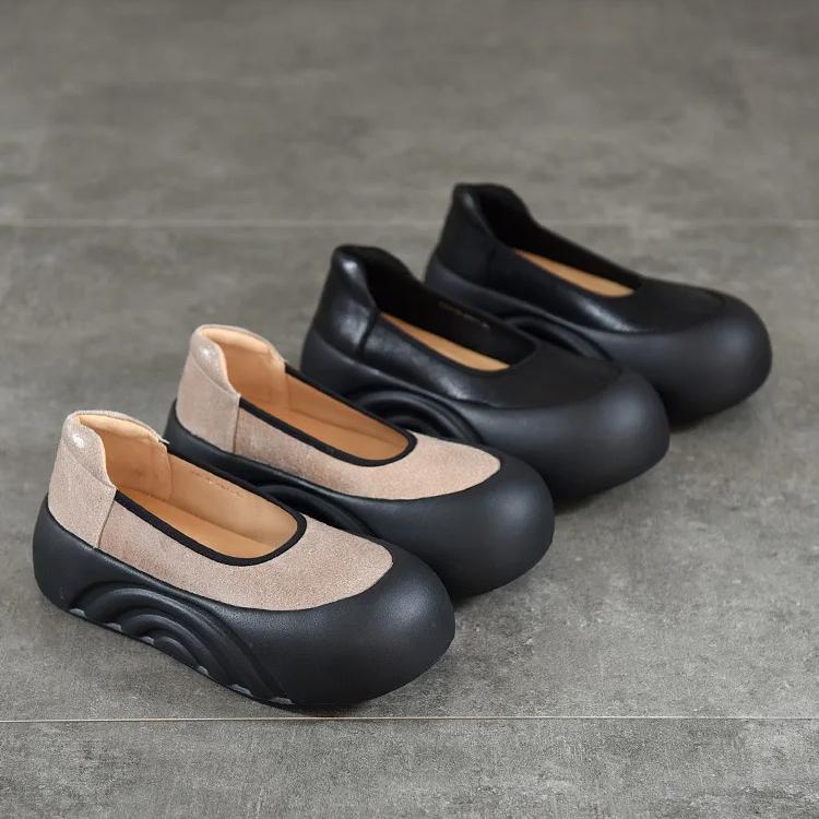 Johnature Retro-Schuhe aus echtem Leder, flache Plateauschuhe, runde Zehenpartie, dicke Sohle, lässige Damen-Schlupfschuhe
