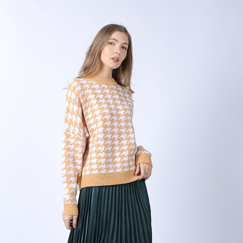 Pulover tricotat în carouri, cu gât rotund, cu mâneci lungi, pentru femei, tricotaje scurte, îngroșate, calde, Harajuku, pentru navetă, ocazional, toamnă, iarnă, cămașă cu fundul