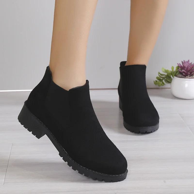 Women Winter Shoes Cow Suede Ankle Boots Chelsea Boots Chunky Boots Black Female Autumn Fashion Platform Booties Beige
