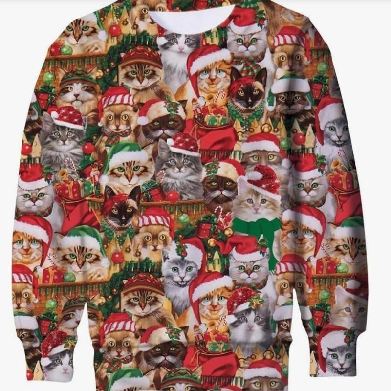 Christmas Pattern Cute Cat Dog Surroundings Autumn Winter Long Sleeved Fashionable Casual Loose Women's Pullover