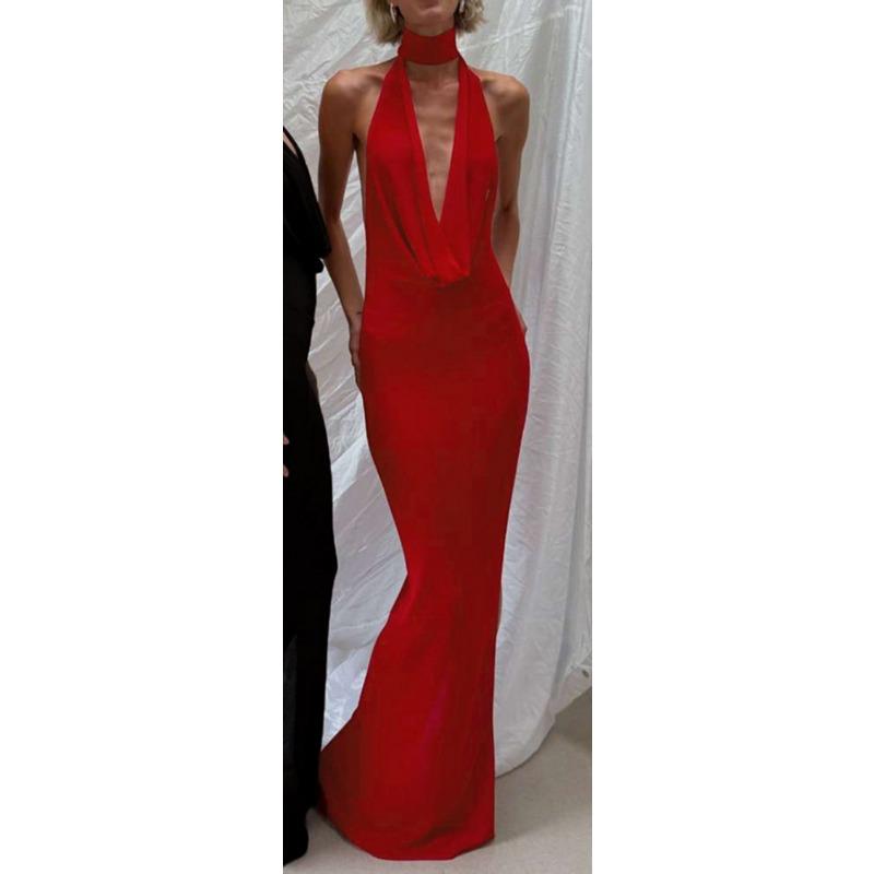 

Женское осенне-зимнее новое темпераментное сексуальное платье с халтер-вырезом, V-образным вырезом, открытой спиной и разрезом сбоку L красный