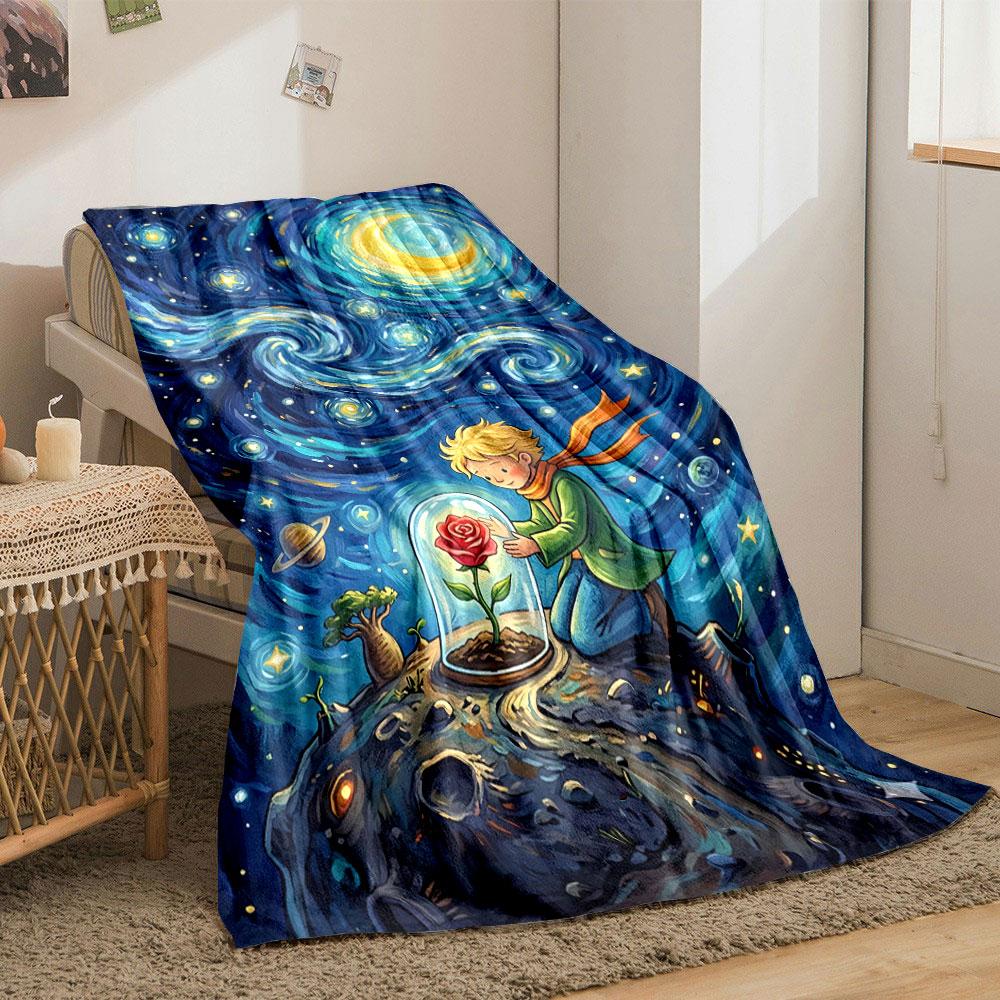 A swirling starry night sky with a rose under a glass dome on a planet. for all seasons blanket lunch break throw gift