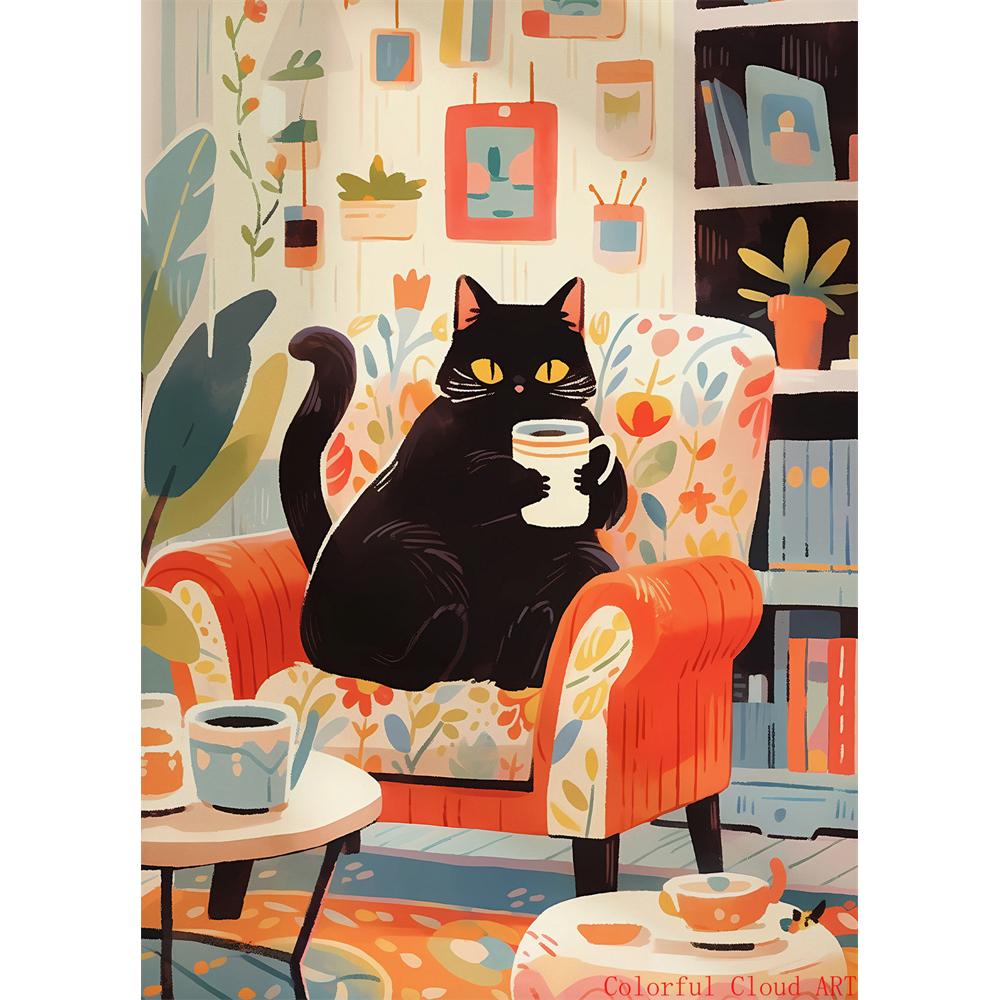 5D DIY Diamantmalerei Kreuzstich Stickerei Lustiges Tier Niedliche Schwarze Katze Weiße Katzen Vollrunde Bohrer Heimdekor Wandkunst Geschenk