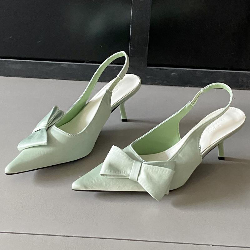 

Модные атласные мюли с острым носком и бантом-бабочкой, с ремешком сзади, на тонком каблуке, женские сандалии, летние элегантные повседневные женские сандалии 40 светло-зеленый