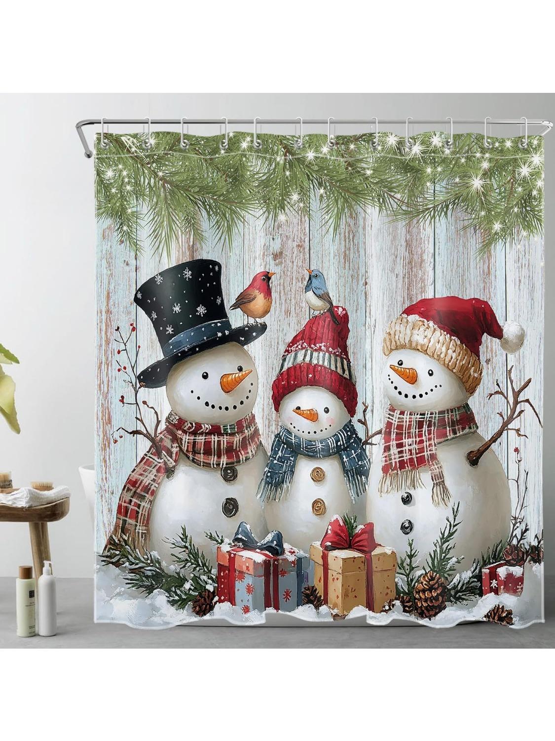 

Farmhouse Christmas Shower Curtain for Bathroom Decor, Cute Red Snowman Cardinal Pine Branch on Rustic Wood Shower Curtain with 90x180CM