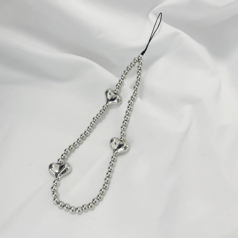 Ins Y2K Silver Love Heart Bowknot Phone Charm Strap Bead Pendant For Phone Accessories Hanging Rope Girl Jewelry