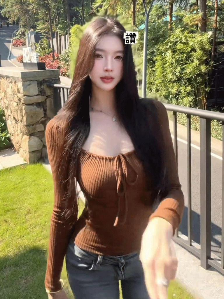 Koreanischer Stil Quadratischer Ausschnitt Langarm Enganliegend Geripptes T-Shirt für Damen - Herbst Winter Bindung Vielseitiges Oberteil