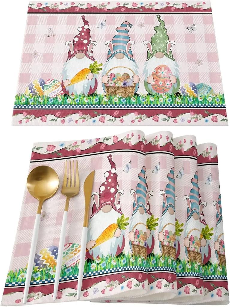Happy Easter Placemats Set of 4 Bunny Tulip Pink Floral Heat Resistant Washable Farmhouse Place Mats for Dining Table Kitchen