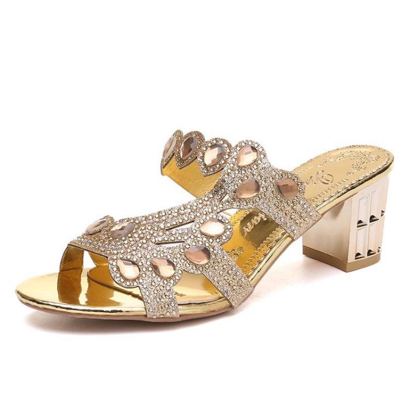 Fashion 2025 New Hot Glitter Mesh Women Sandals Summer Fashion Outdoor Peep Toe Casual Beach Slippers Thick Heel Slip On Women Sandals