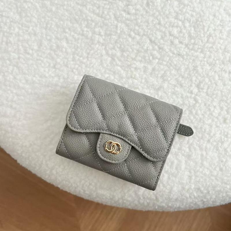 2026 New Caviar Patterned Cowhide Long Three Fold Wallet Hand-held Bag Chain Strap Crossbody Genuine Leather Women's