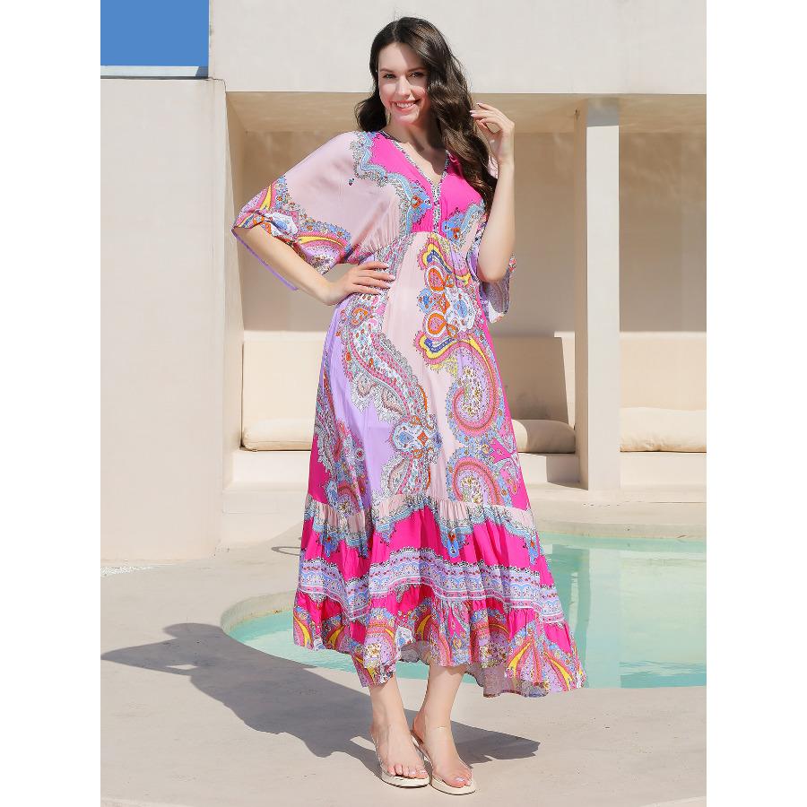 

Women s Printed Boho Long Dress - Loose A-Line Beach Kaftan, Vacation Flowy Sundress 0988 One size fits all