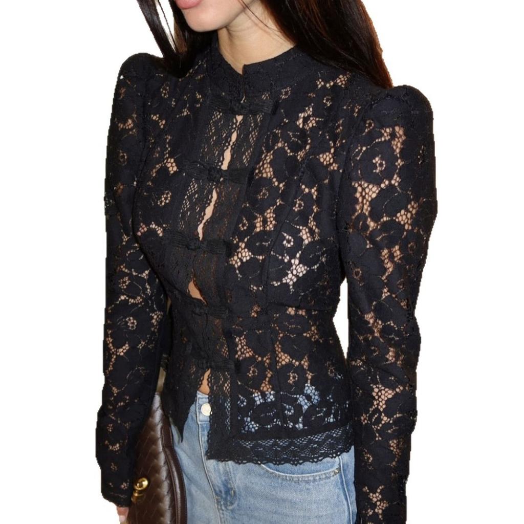 Summer New Women's Lace Crochet Stand Collar Slim Fit Blouse Fashion Elegant Commuter Shirt