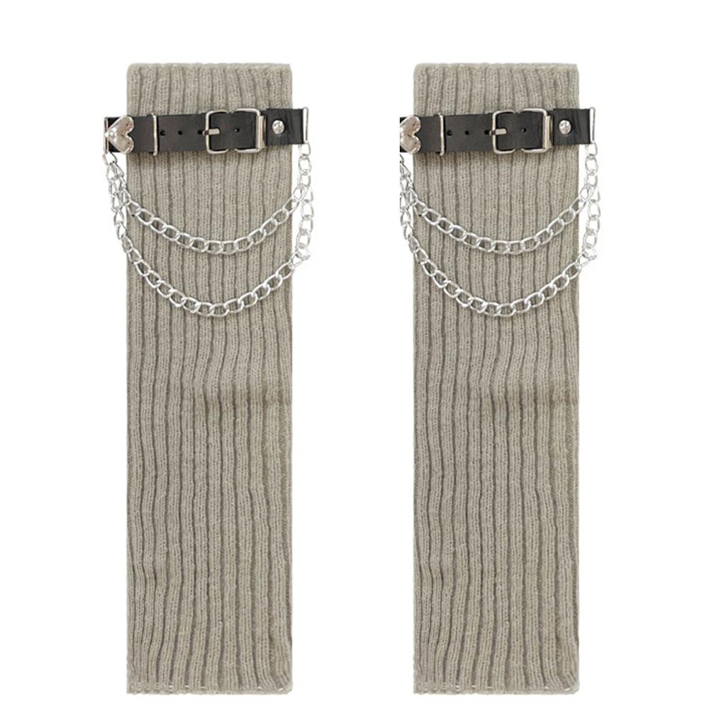Gothic Punk Leg Warmers Boot Toppers with Heart Chain Leather Belt Ribbed Knit Leg Covers Footless Socks for Women Girls