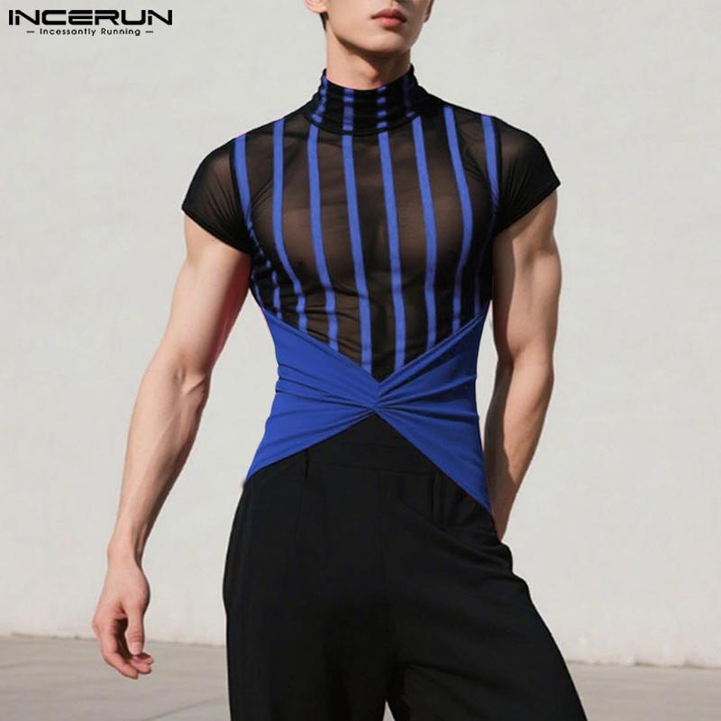 INCERUN Men High Neck Striped Mesh Sheer Stitching Irregular Party Club T-shirts Tops