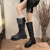Leather pleated pile boots two wear brown boots women 2025 thick sole but knee small tall knight boots