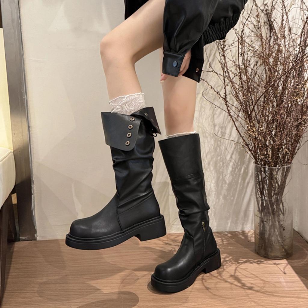 Leather pleated pile boots two wear brown boots women 2025 thick sole but knee small tall knight boots