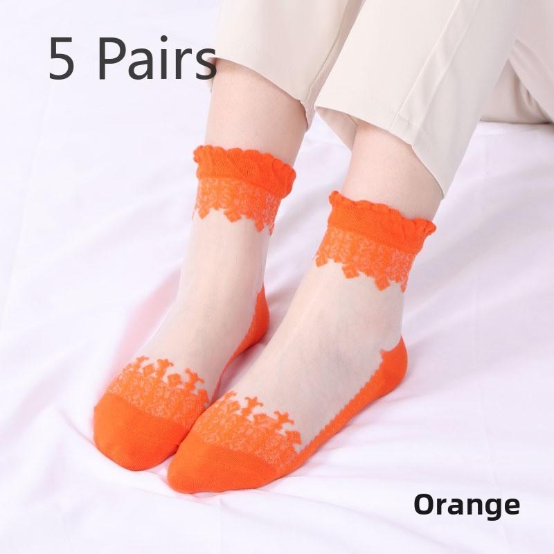 5 Pairs of Women's Spring Thin Mid Cylinder Cotton Sole Lace Lace Socks