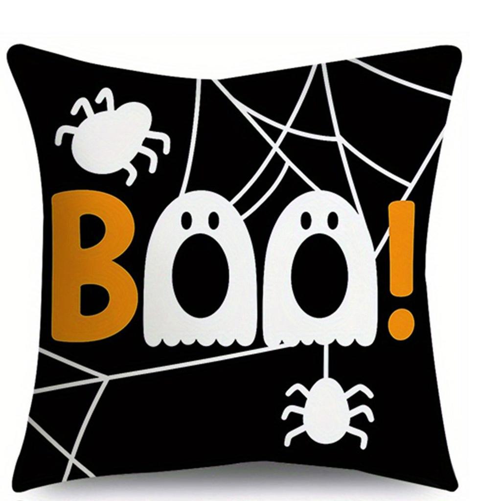 Black And White Spider Black Cat White Ghost Pumpkin Lantern Halloween Decoration Printed Cushion Cover Festive Home Decoration