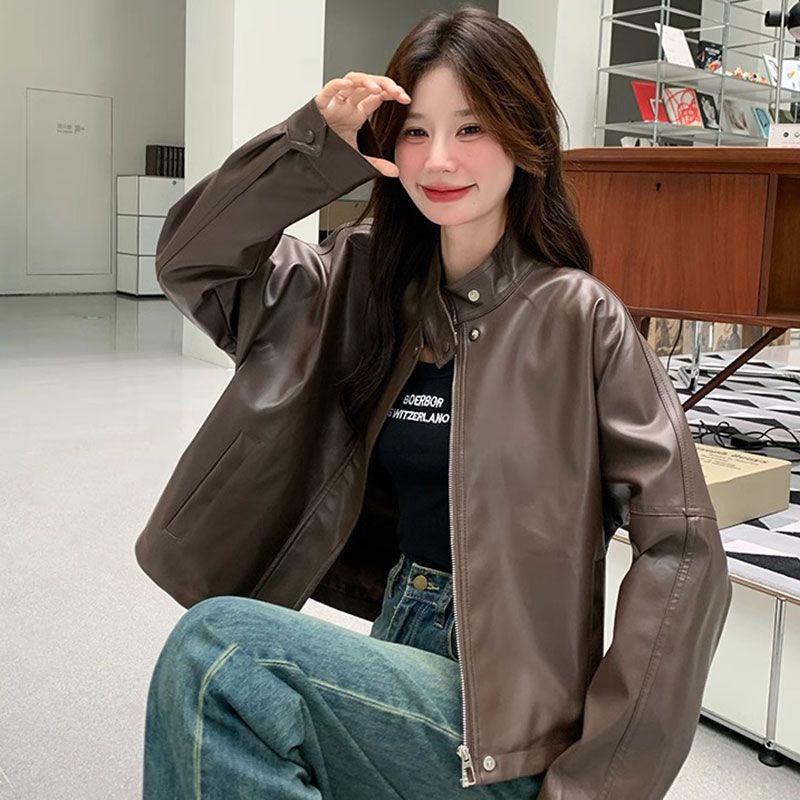 New Fashion Women's Leather Jacket Round Neck Zipper Style Casual Retro Commuter High End Luxury Motorcycle Short Leather Coat