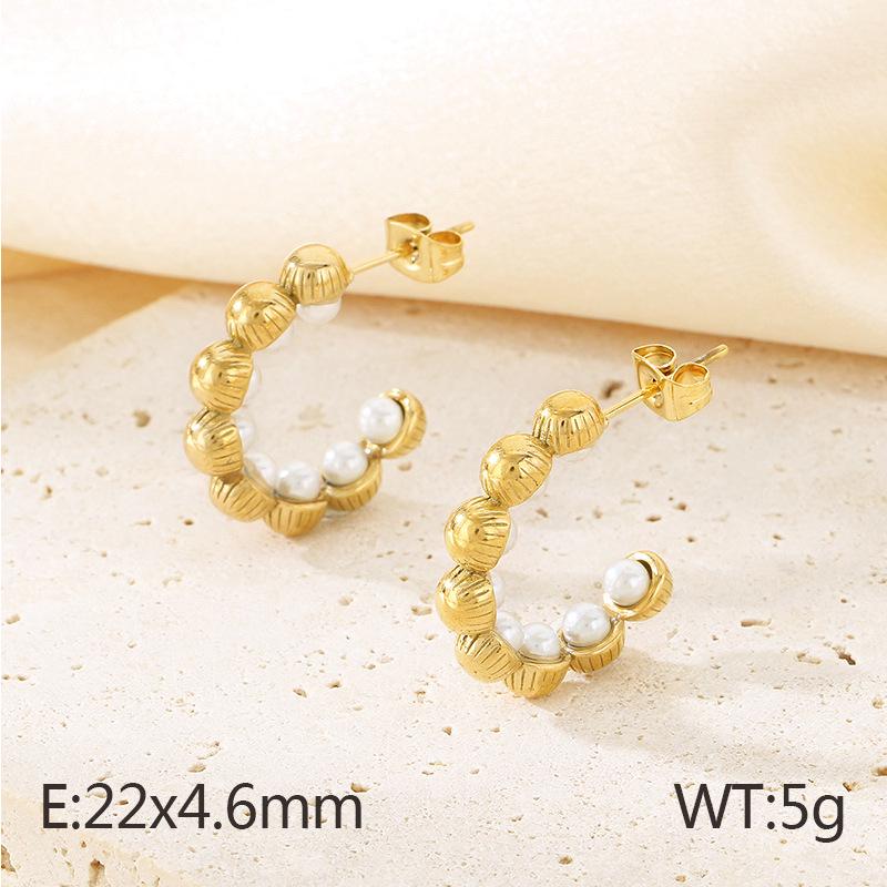 18K Gold U-Shaped Shell Pearl Stainless Steel Stud Earrings with Textured Design