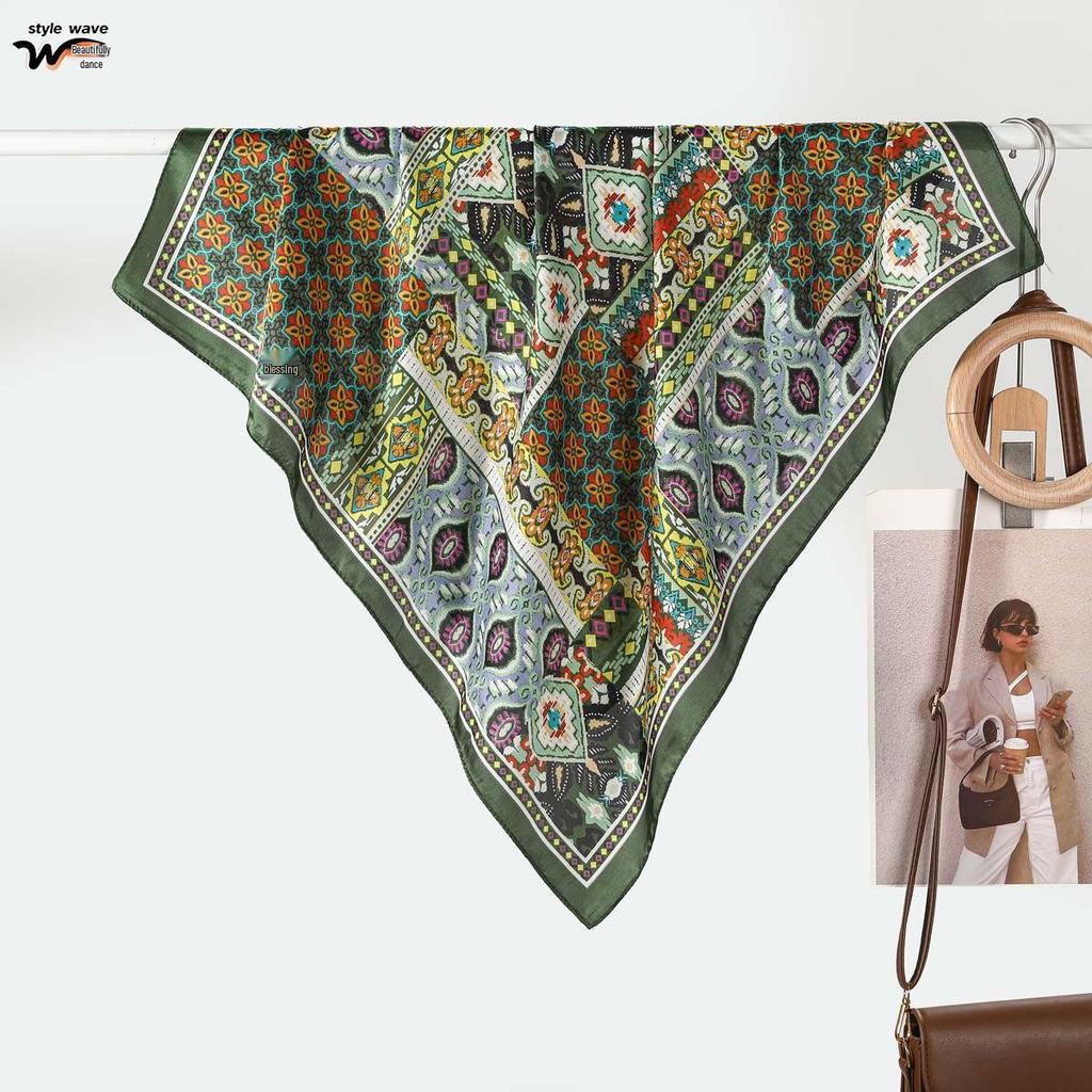 70CM Retro Ethnic Style Faux Silk Scarf for Women: Small Neck Scarf, Sun Protection, Travel Accessory