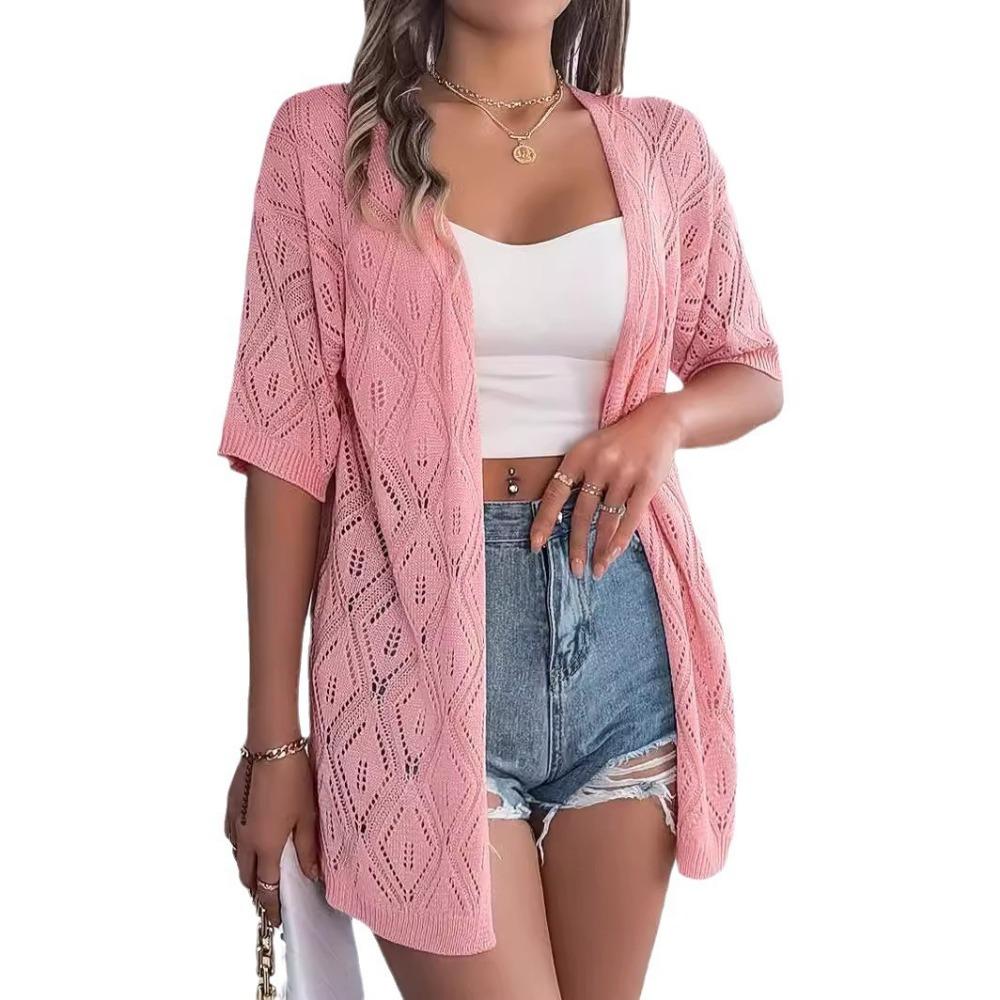 Summer Hollow Plaid Short-sleeved Knitted Cardigan Beach Sun Protection Shirt