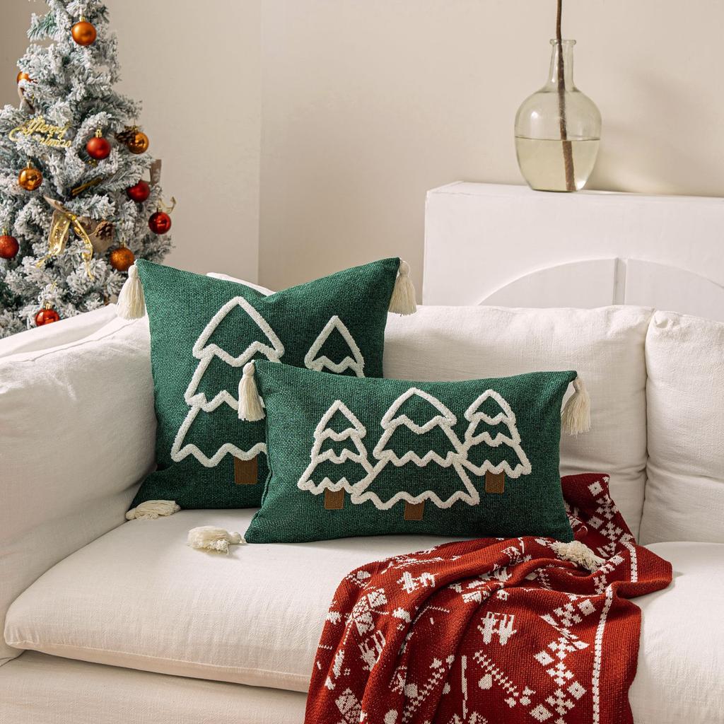 Canvas Embroidered Christmas Pillow Cover Christmas Tree Cushion Tassel Sofa Decoration