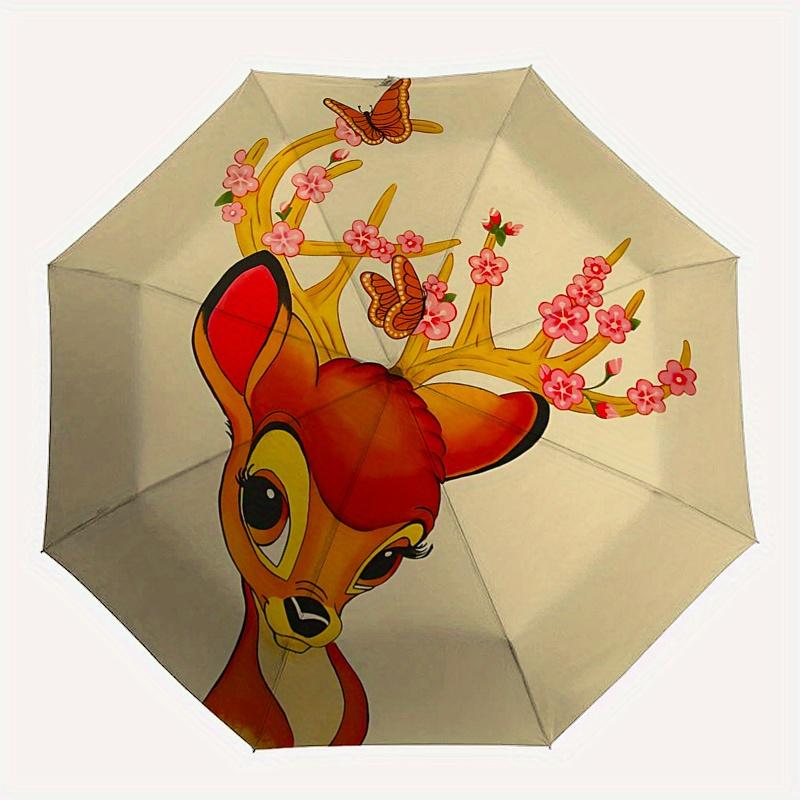 Bambi, Flowers Automatic Opening and Closing Umbrella - 8 Ribs Portable Folding Umbrella with Plastic Handle, Suitable for Leisure and Hallo