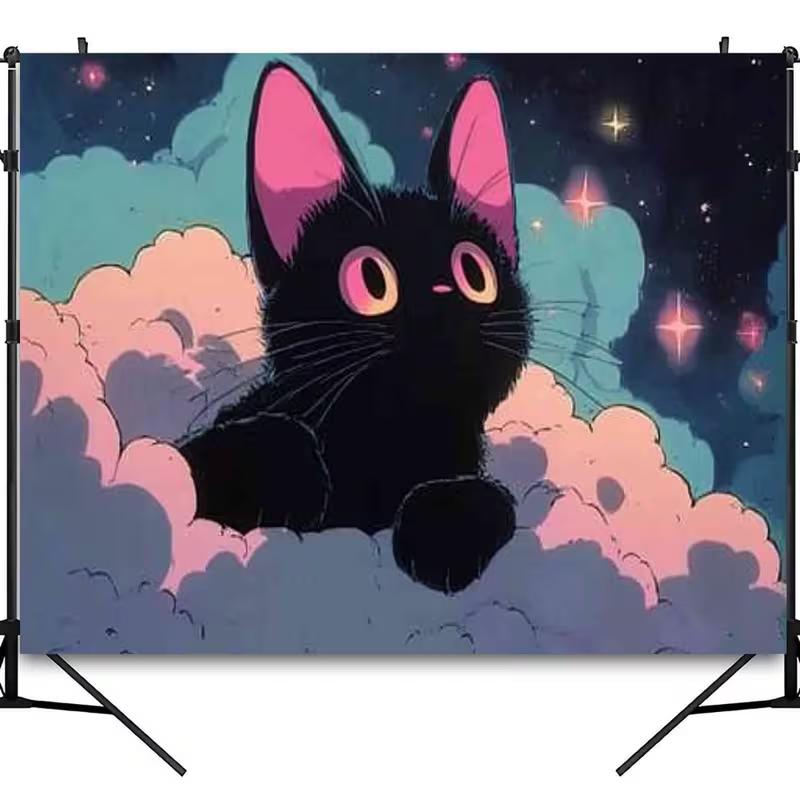 2D Kawaii Black Cat Tapestry Starry Night Pastel Cloud Wall Hanging 47.2x31.5inch/120*80cm