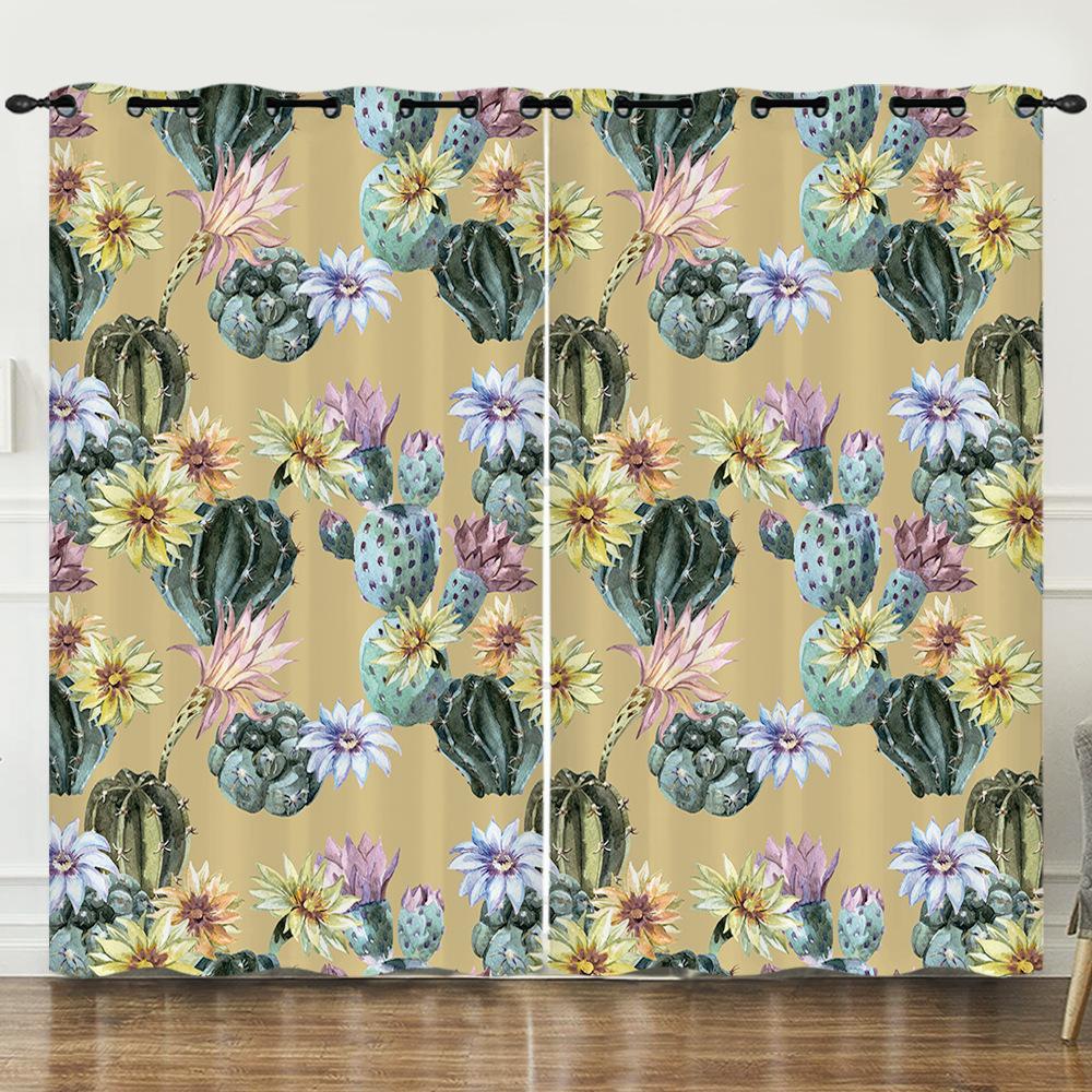 Curtains Fresh Green Plants Hand-Painted Cactus 3D Digital Printing Blackout Curtain Punching