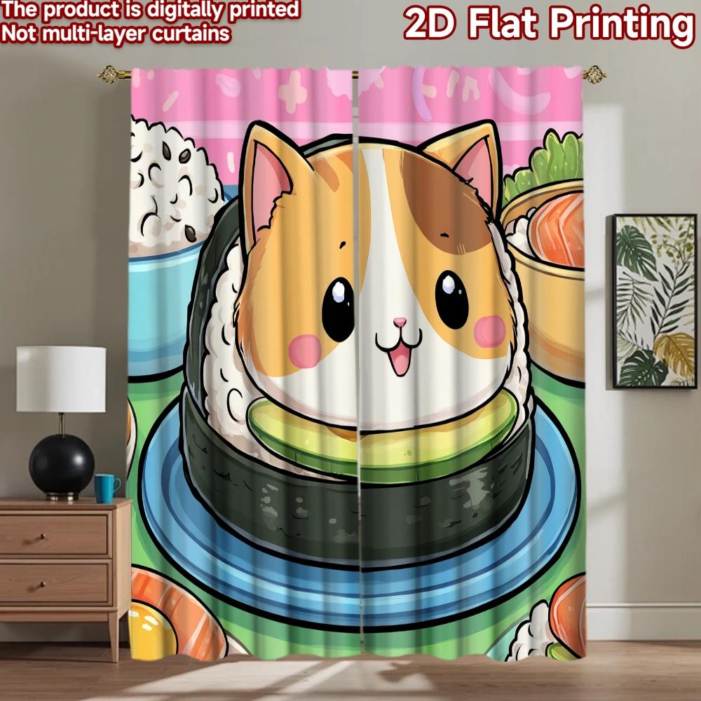 2D flat printing 2pcs Drapes Cute Cat Sushi Digital Printed Polyester Drapes Festive Curtains Use for Indoor Celebrations for