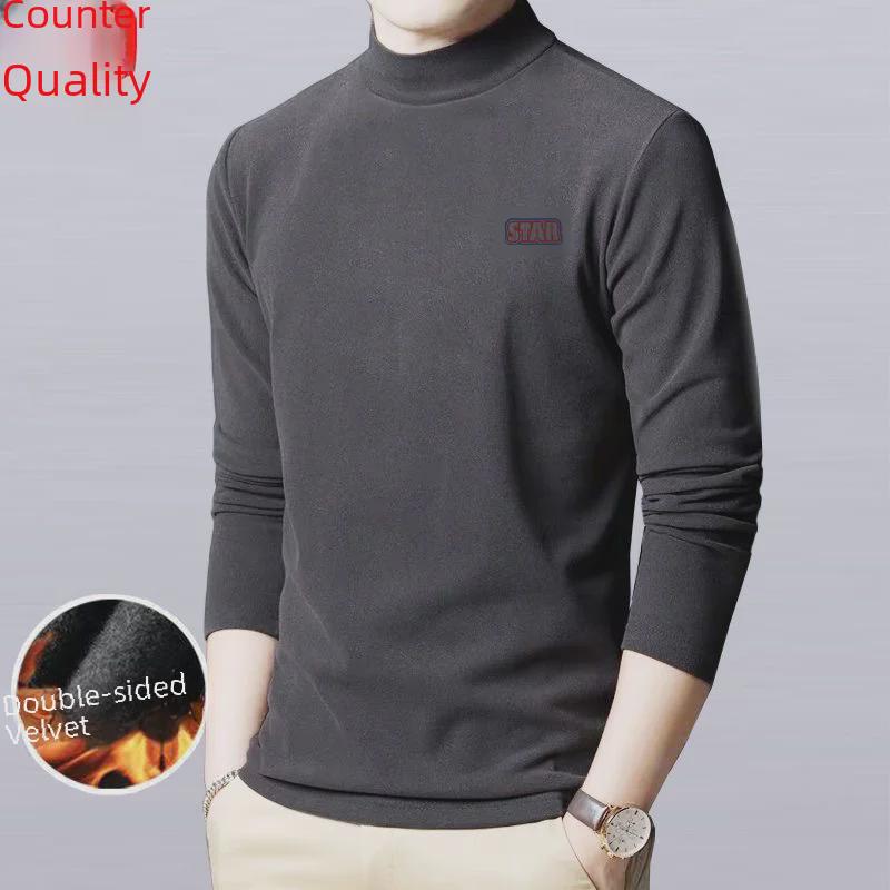 Men's Printed Warm Long-Sleeve Velvet T-Shirt with Double-Sided Velvet and Half-High Collar – Autumn/Winter Style